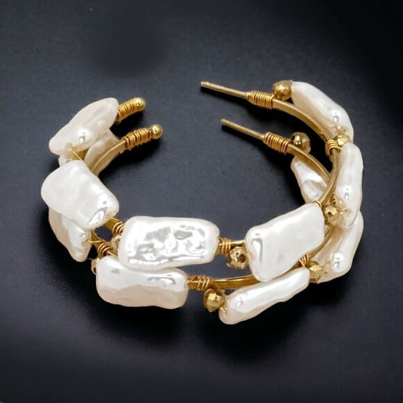 NWT Large Hoop Earrings Irregular Shaped White Pearls 14K Gold Plated Statement - Picture 5 of 10